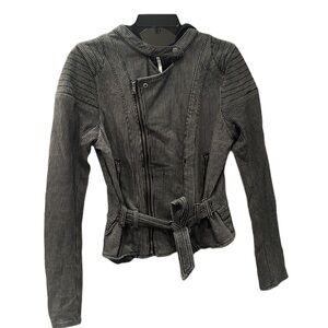 FREE PEOPLE biker style cotton jacket. Moto zippered with belt and hoodie
